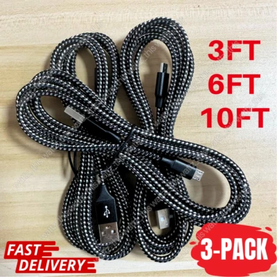 3 Pack 3Ft 6Ft 10Ft Micro USB Cable Fast Charge For Samsung Android HTC Charger - Image 1 of 4