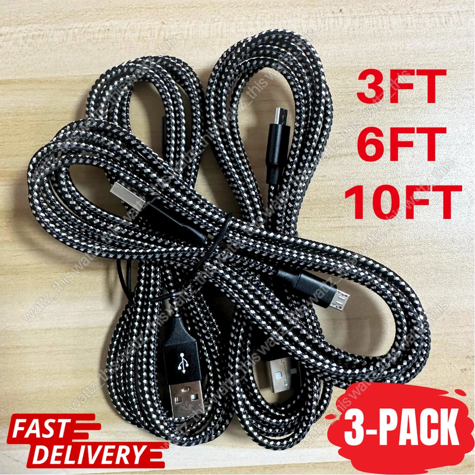 3 Pack 3Ft 6Ft 10Ft Micro USB Cable Fast Charge For Samsung Android HTC Charger - Image 1 of 4