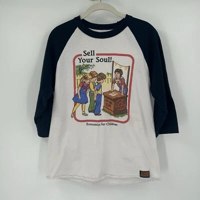 Steven Rhodes Sell Your Soul 白色海军蓝图形 T 恤 Raglan 复古尺寸 S/M 成人 — 第 1/4 张图片