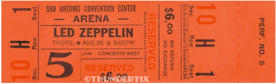 1  LED ZEPPELIN UNUSED FULL CONCERT TICKET 1971 San Antonio, TX "orange" reprint - Image 1 of 1