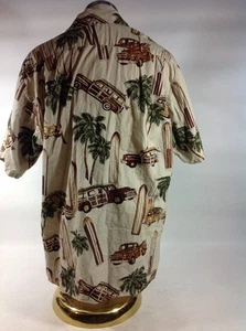 Go Barefoot Hawaiian Shirt Vintage Cars W/ Palm Trees Surfboard 112 - Picture 1 of 9