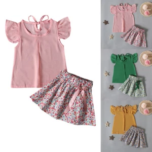 Toddler Kids Baby Girls Ruffle Frill Tops Shirt Floral Skirt Clothes Outfit Set - Picture 1 of 13