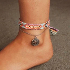 Hand Woven Anklet Set w Silver Om Medallion, Multicolor - Picture 1 of 1