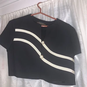 NEW Donna Ricco New York Petite Top Women's Black Beige Rhinestone Bottom Sz 10P - Picture 1 of 9