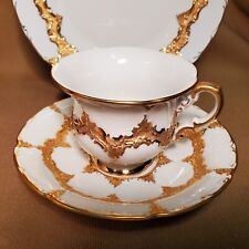 Vintage Meissen -White/Gold Encrusted Coffee Trio B Form-Cup/Saucer/Dessert
