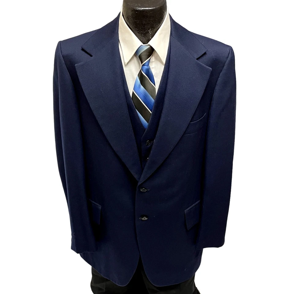 Chaqueta Blazer y Chaleco de Lana 2 Piezas De Colección Años 70 Glen Guard Azul Marino Deportiva GABARDINA 42 L Foto 1 de 4