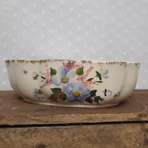 Vintage USA POTTERY Pink & Blue Flower Wavy Edge Spongeware Oval Bowl Planter - Picture 1 of 5