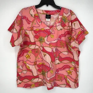 Baby Phat Womens XL Scrub Work Top Cotton Pink Jewelry Bling Print Short Sleeves - Picture 1 of 10