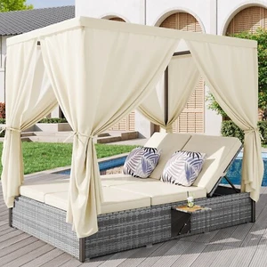 Sonnenliege 2 Personen mit Dach & Klapptisch Gartenliege Doppelliege Verstellbar - Bild 1 von 16