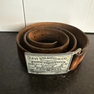 Vintage 1970s Levi Strauss Brown Leather Belt & Buckle 32" USA Character Patina - Picture 1 of 15