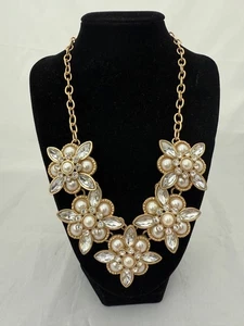 Gold Tone Rhinestone Faux Pearl  Statement Necklace  19" Signed CC Vintage - Picture 1 of 7