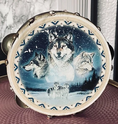 ANTIQUE/VINTAGE SHAMANIC TAMBOURINE WITH WOLF DESIGN 14cm diameter - Image 1 of 4