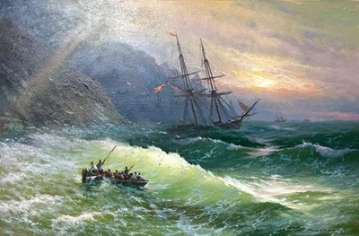 Regenbogen Berge Wellen Segelboot Ölgemälde Gemälde Handarbeit Unikat 40x60cm - Bild 1 von 4