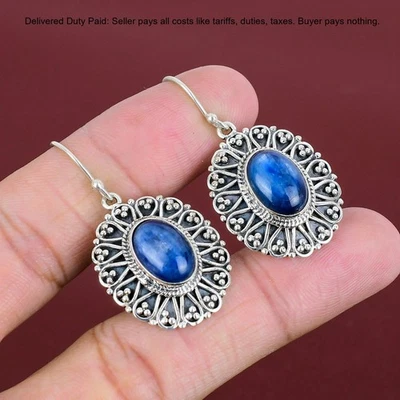 925 Silver Natural Kyanite Bezel Trendy Dangle Drop Handcrafted Mother Earrings - Image 1 of 4