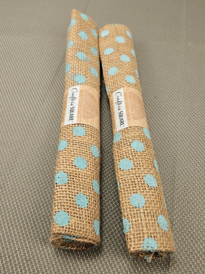 Lot Of 2 Crafter's Square Rolled Burlap Fabric, Teal Pokadots  - Image 1 of 2