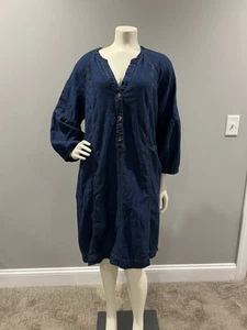 SOFT SURROUNDINGS 2XL Linen/Cotton Blue Denim Jean Chambray Dress Knee 3/4 - Picture 1 of 12