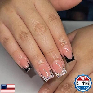 French Tip Press on Nails Medium Square Fake Nails Black Nail Tips Artificial - Picture 1 of 5