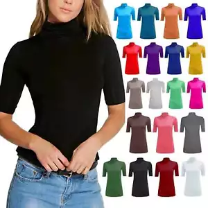 New Ladies Polo Stretch Lot High Neck 3/4 Sleeves Turtle Neck Top T-Shirt - Picture 1 of 20
