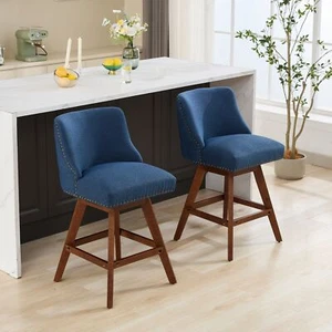 Set of 2 Fabric Swivel Barstools 26''H Counter Height Barstools Wooden Legs Blue - Picture 1 of 18