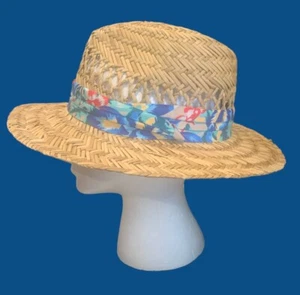 HBY Miami Woven Straw Panama Hat w Colorful Pleated Tropical Ribbon 2.75” Brim L - Picture 1 of 11