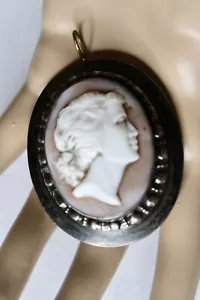 Antique Estate Silver Large Shell Rare Black Portrait Cameo Pendant Brooch Pin - Picture 1 of 7
