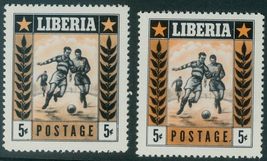 Liberia 1955, 5c fútbol o fútbol, color negro ligeramente DOBLE, NH #348 Foto 1 de 1