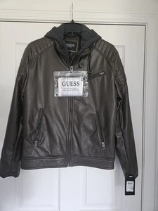$225 GUESS Men's Faux Leather Hooded Moto Jacket, Brown, Small - Picture 1 of 12