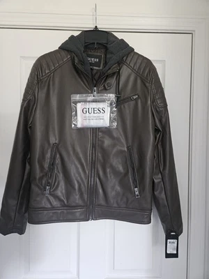 $225 GUESS Men's Faux Leather Hooded Moto Jacket, Brown, Small - Image 1 of 4