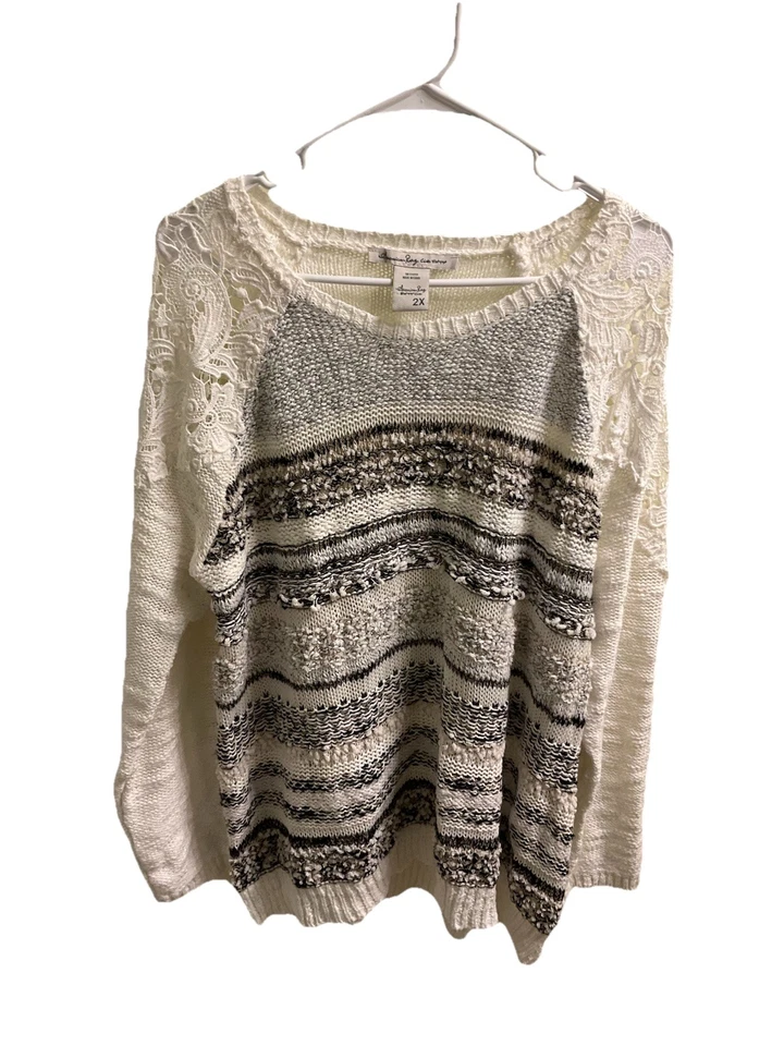American Rag White Crochet Sweater Women’s Size 2XL White Stripe Lace - Image 1 of 4