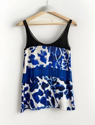 Camiseta sin mangas JUST CAVALLI de seda transparente con estampado de leopardo azul negro blanco sin mangas 38 Foto 1 de 4