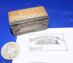 Antique "BEDFORD HOME ARTIFICIAL ICE CO." Wood & Copper Printers Block - 1"x 2" - Picture 1 of 4