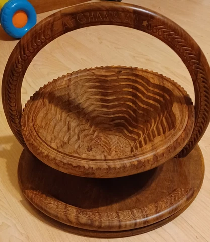 Afganistan Collapsible Wooden Basket Hand Carved Foldable Bowl Ornate Vintage Cover