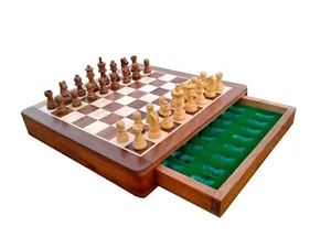 Indian Handmade Wooden Drawer Chess Board 10"x10" Inch With Chess Pieces Set - Picture 1 of 5