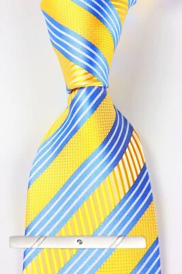 Nueva corbata de moda a rayas azul amarillo jacquard tejida 100 % seda para hombre Foto 1 de 4