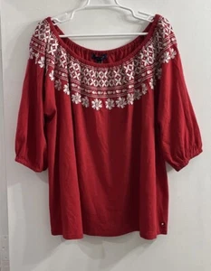 Tommy Hilfiger Women's 2X Red White Embroidered Top Off Shoulder Boho Classic - Picture 1 of 10
