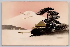 Japanischer Schwarzlack & Gold handbemalt (Rosa Himmel) Japan, UNP Kunst Postkarte - Bild 1 von 3