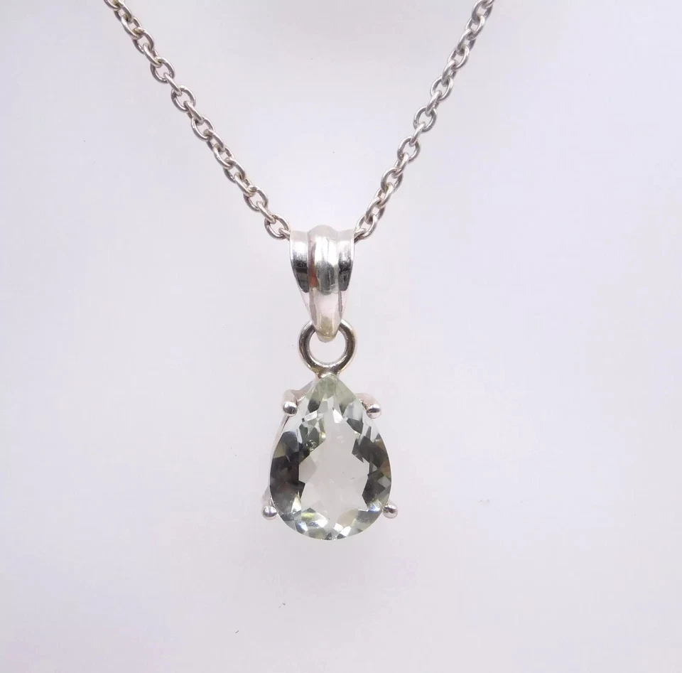 2.4 Gm 925 Sterling Silver Natural Prasiolite Pear Cut Gemstone Pendant Size 1" - Image 1 of 4