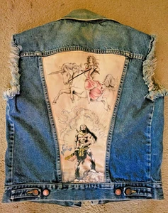 VTG RUSTLER JEAN DENIM VEST-SEWN ON FANTASY BACK -WARRIOR & GIRL ON UNICORN-MED. - Picture 1 of 13