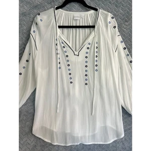 Blusa Campesina SOHO en Blanco con Acento Azul Talla L Country Boho Hippie Gasa  - Imagen 1 de 7