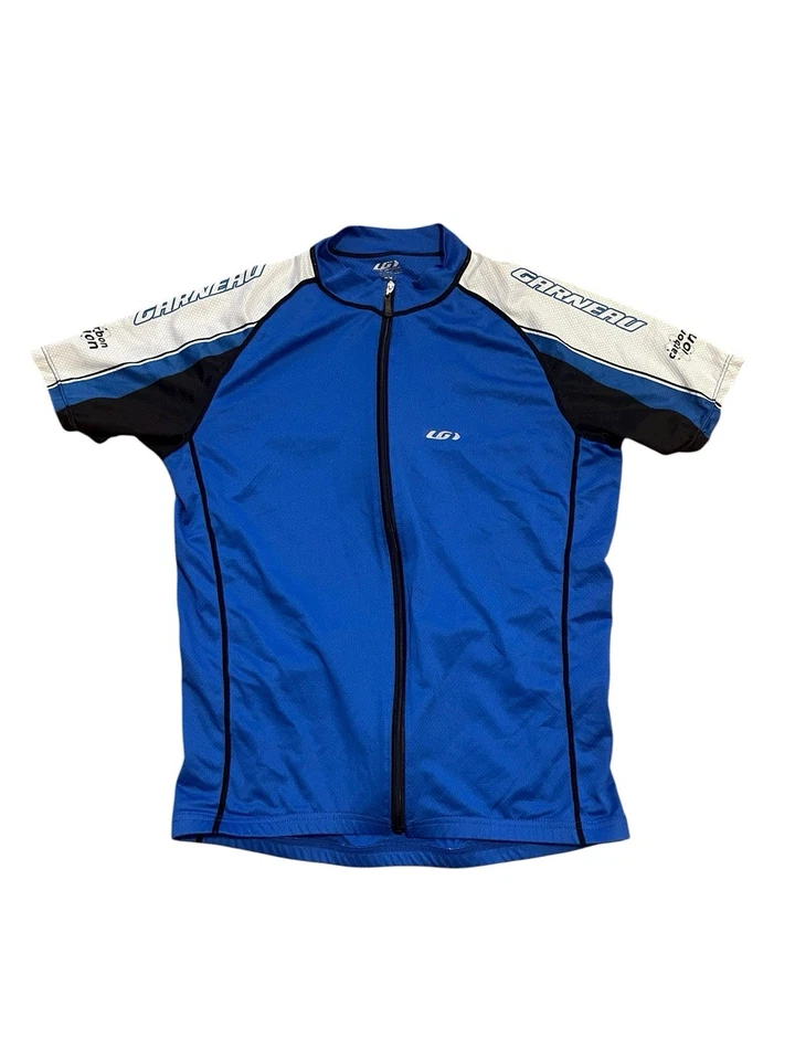 Camiseta deportiva de ciclismo Louis Garneau vintage Y2K azul blanco cremallera completa para hombre talla M Foto 1 de 4