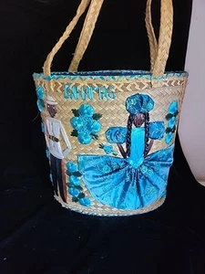 Vintage 70's Bahamas Woven Straw and Raffia 13" Man & Woman Boho Tote Beach Bag - Picture 1 of 6