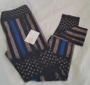 NWT LuLaRoe *Actual Photos* TC Thin Blue Line Flag Tall Curvy Police Leggings - Foto 1 di 7