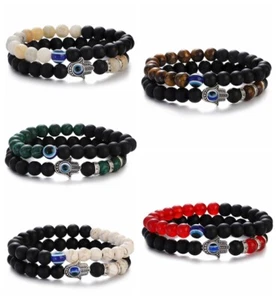 Evil Eye Bracelets 2Pcs Set Tiger Eye Stone Beads Bangle Couple Energy Healing - Picture 1 of 22
