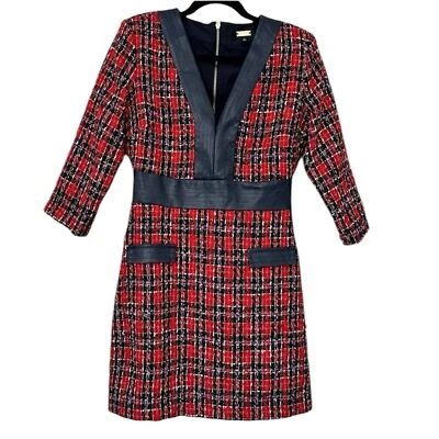 Alexia Admor Zenia Tweed Boucle Faux Leather Trim Dress Womens 8 Navy Red - Image 1 of 4