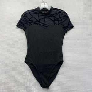 SHEIN Bodysuit Leotard mesh top Sz. M Black Short Sleeve Round Neck Snap Crotch - Picture 1 of 8