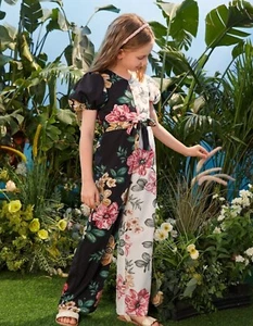 Girls Size 10 Floral Print Colorblock Puff Sleeve Belted Jumpsuit - Picture 1 of 4