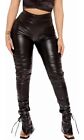Womens Pu Ruched Leggings With Strappy Slit Hem Faux Leather Stacked Pants Large