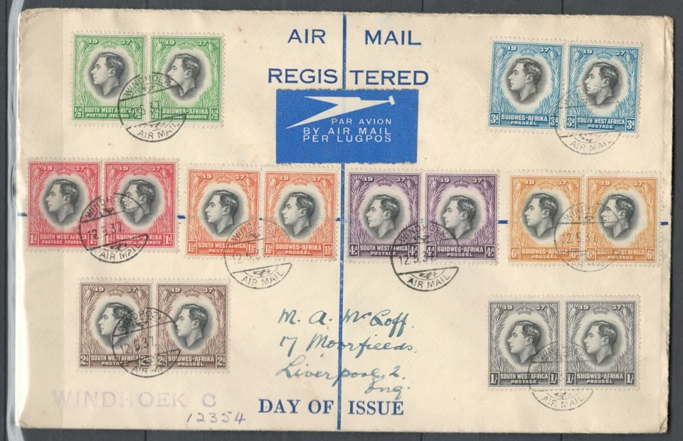 SOUTH WEST AFRICA SWA POSTAL HISTORY- FDC COVER 1937 -SG 97/104 LOT (BCL46) - Image 1 of 1