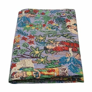 Handmade Woman Floral Grey Print Kantha Quilt BedCover Bedspread kantha Throw - Picture 1 of 5