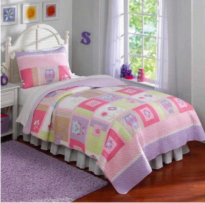 Laura Hart Spring Kids 2Pc Twin Quilt Set Owls Ladybugs Floral Pastel Colors NEW - Image 1 of 3
